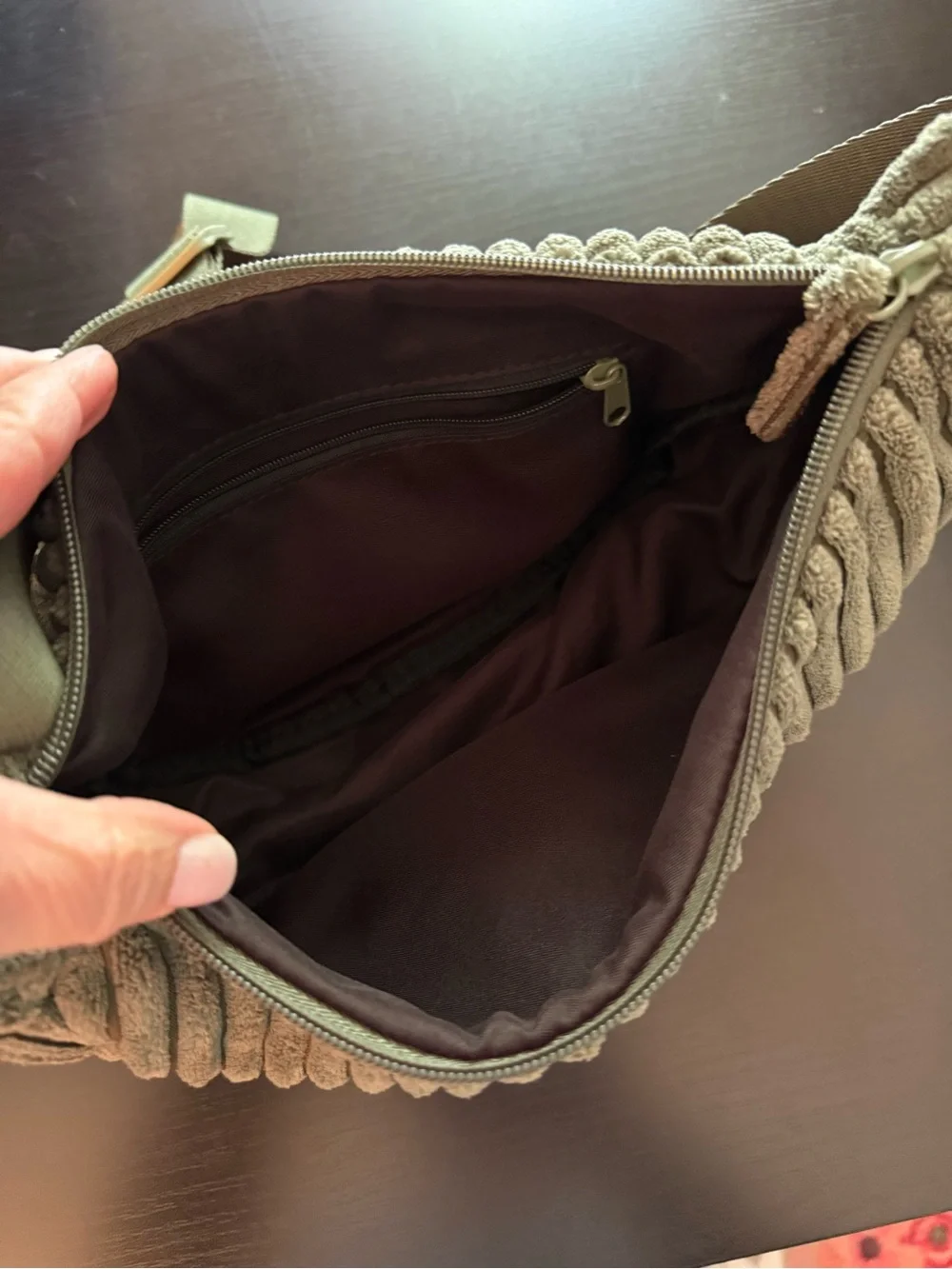OLIVE green wide whale corduroy crescent knit fanny pack, hip bag